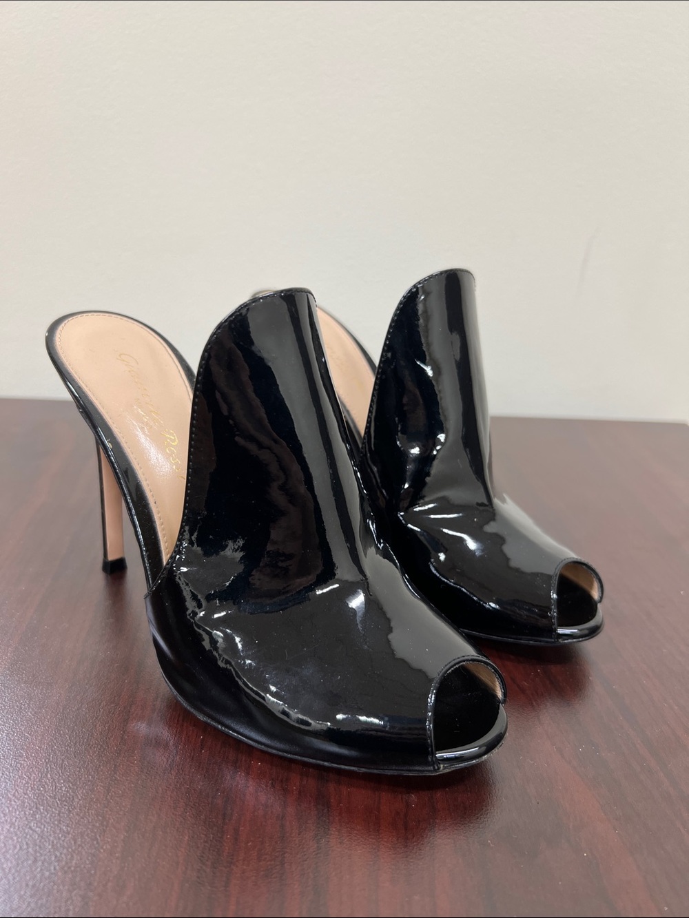 Gianvito Rossi Black Patent Peep-Toe High Heel Mules